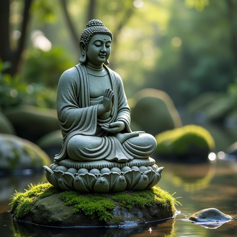 Tượng Thái Thượng Lão Quân đặt trong vườn tĩnh lặng, ánh sáng mờ